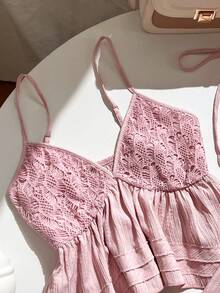 Elamini Damen Set: Trägershirt, strukturierte Patchwork-Optik, gerade Hose mit Kordelzug und Taschen - Pink - Übersicht 5