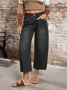 EMERY ROSE Plus Size Plain Simple Casual Everyday Jeans Formal Gray Summer - Black - View 4