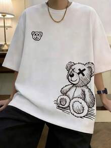 SHEIN 2件組青少年男孩可愛卡通熊印花短袖T恤與黑色短褲，夏季街頭生活休閒圖案街頭時尚，日常穿搭套裝 - 黑與白 - 查看 2