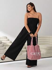 Solflare Đồ liền thân ống rộng cổ yếm màu trơn cho nữ size lớn - màu đen - Xem 3