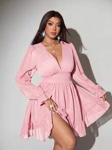 Viva Relle Plus Size Women Fashion Ruched Waist Ruched Hem Dress Fall - Baby Pink - View 5