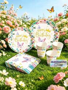 Light Pink Butterfly Crown Disposable Plates, Napkins And Cups Set, Serves 20 Guests. This Disposable Party Set (Including Plates, Napkins And Cups) Is Perfect For Birthday Parties, Weddings And Family Picnics. - View 1