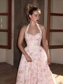 Turnttoni Abito da donna con stampa floreale rosa, fiocco arricciato al collo, abito da invitata a matrimonio, abito estivo, abito da laurea, abito da festa elegante - Rosa - Visualizzare 1