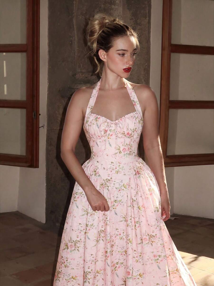 Turnttoni Abito da donna con stampa floreale rosa, fiocco arricciato al collo, abito da invitata a matrimonio, abito estivo, abito da laurea, abito da festa elegante - Rosa - Visualizzare 1