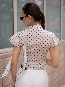 Andrea Bello Women's Elegant, Romantic, Fashionable, And Casual Polka Dot Print Chiffon Blouse With Ribbon For Spring And Summer; Sexy And Elegant Blouse; Cute Blouse; Short-Sleeved Blouse; Valentine's Day; Work Top. Spring Breaks, Summer Holidays, Wedding Party Top, Going Out Top For Women, Holidays For Women - Apricot - View 2