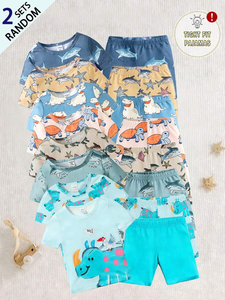 SHEIN 8 peças/Conjunto Entrega Aleatória 2 peças Conjunto de Pijama Ajustado, Bebê/Criança Pequena Meninos Verão Manga Curta e Shorts Roupa de Casa, Designs Fofos de Animais Marinhos como Tubarão, Estrela-do-mar, Letra, Rinoceronte, Tartaruga - Multicolorido - Visão 1