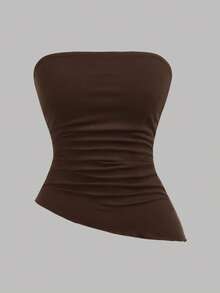 Girlism Bộ 3 áo hai dây croptop dệt kim màu đen, trắng và xanh dương dành cho nữ tuổi teen, có phần eo nhún và vạt áo bất đối xứng, kiểu dáng thể thao đường phố đa năng, dễ phối đồ. - màu nâu - Xem 9