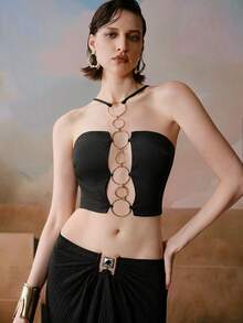 Barévion 女士性感黑色圆环露脐上衣 - 黑色 - 查看 6