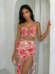 Glamine Sexy Beach Pink Camisole & Mini Skirt 2 Pieces Set - Watermelon Pink - View 5