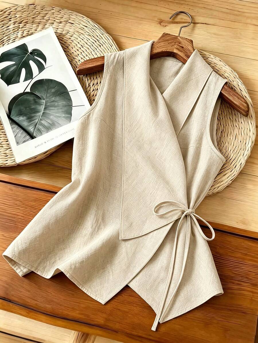 SHEIN Franclia Women's Peach Summer Minimalist Work Office Tank Top,Asymmetric Design Linen Tie Waist Sleeveless Front Wrap Blouse,Elegant Holiday Vacation Shirt - Apricot - View 1