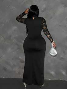 Maweii Plus Size Women Elegant Lace Patchwork Twist Front Solid Knit Long Sleeve Dress Maxi Women Outfit Fall Cloth For Women - Black - View 2