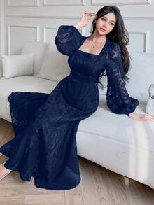 Feyla 女款方領優雅收腰長款派對洋裝 - 藏蓝色 - 查看 6
