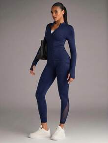 SHEIN BAE Women's Solid Color Minimalist Casual Long Sleeve Sports Jacket - Navy Blue - View 7