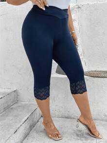EMERY ROSE Plus Size Women Lace Patchwork Casual Versatile Daily Wear Leggings - Navy Blue - View 2