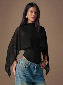 SHEIN BAE Women's Oblique Shoulder Ruffled Layered Chiffon Blouse, Elegant Blouse, Minimalist Fashion Blouse - Black - View 5