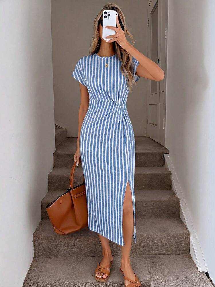 Easowa Casual Minimalist Style Blue Faux Mechanical Medium Stripe All-Over Print Pattern Summer Everyday Elegant Waist Twist High Slit Sleeveless Midi Dress, Women's Casual Knit Textured Bodycon Dress, Women's Birthday Outfit, Women's Fitness Set, Women's Wedding Guest Dress, Women's Office Attire - Multicolor - View 8