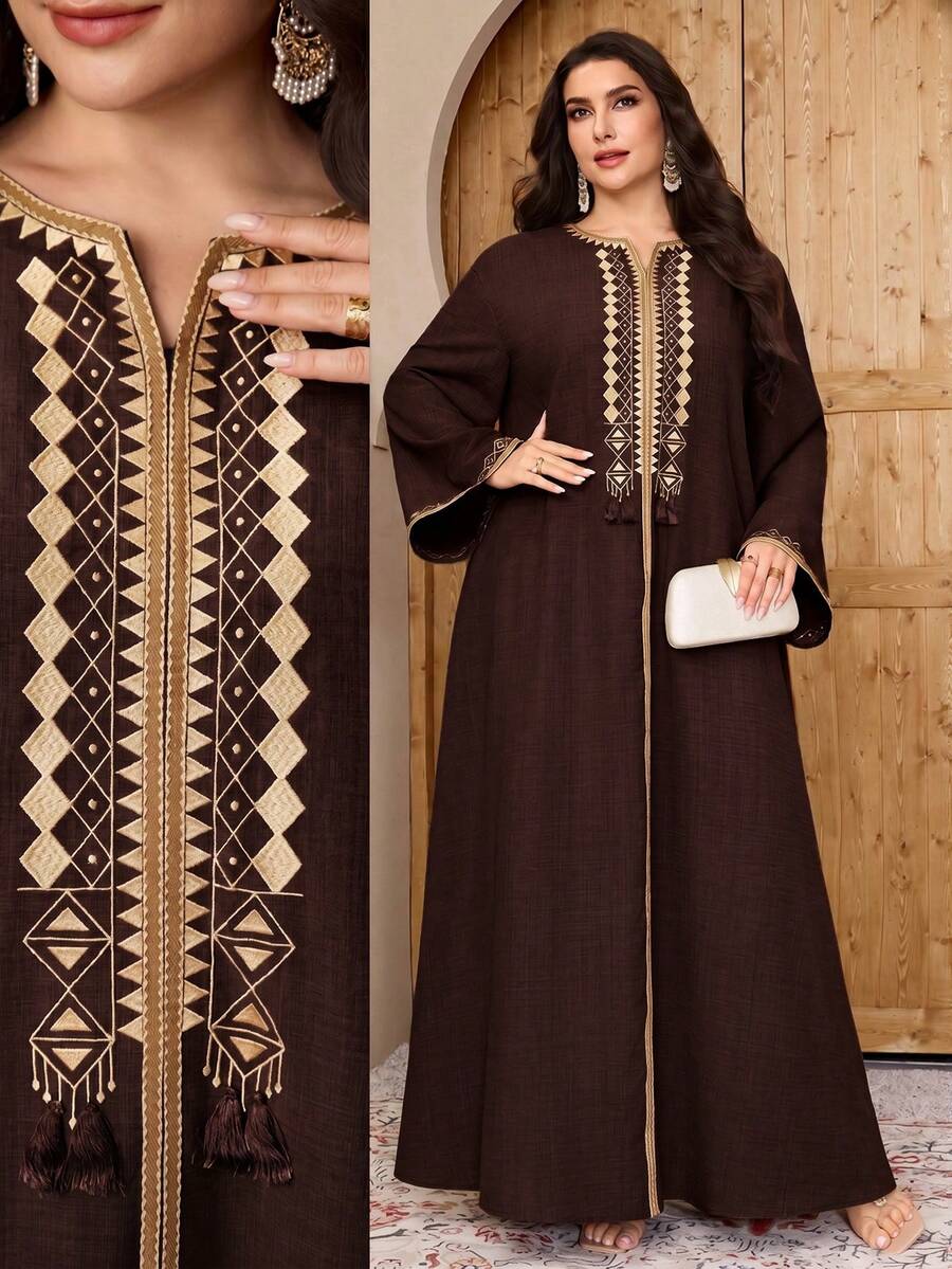 Al Najma Plus Size Women's Turkish Maxi Dress & Arabic Traditional Abaya - Coffee Brown - View 1