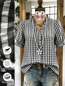 Linhara 女士格子荷叶边V领衬衫，泡泡袖休闲上衣，大码夏季新品 - 黑與白 - 查看 1