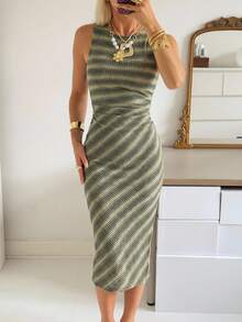 SHEIN EZwear Đầm ôm sát không tay cổ tròn xếp ly kẻ sọc dành cho nữ - Nhiều màu - Xem 9