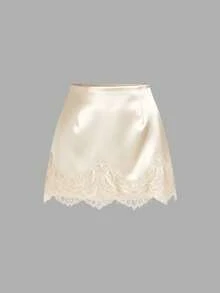 Sweetra Petite Elegant French Retro Satin Brown Lace Patchwork Casual Skirt, Fashionable New Spring Collection For Petite Women - Apricot - View 1