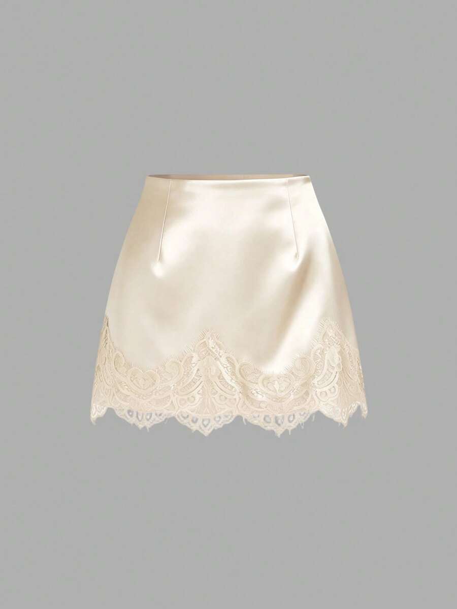 Sweetra Petite Elegant French Retro Satin Brown Lace Patchwork Casual Skirt, Fashionable New Spring Collection For Petite Women - Apricot - View 1