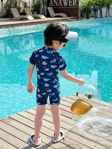 SHEIN 1pc Young Boys Cute Cartoon Print Color Block Long Sleeve Rash Guard & Hat Set, Suitable For Beach, Pool, Spring/Summer - Multicolor - View 3