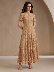 Anewsta Elegant & Fashionable Embroidered Fabric Design Dress For Women, Summer - Khaki - View 5