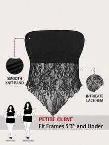 SHEIN PETITE CURVE Plus Size Women's Black Summer Elegant Night Out Club Lace Bandeau Top, Asymmetric Hem Strapless Fitted Retro Y2K Fashion Tube Top - Black - View 1