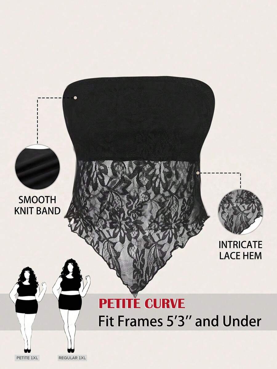 SHEIN PETITE CURVE Plus Size Women's Black Summer Elegant Night Out Club Lace Bandeau Top, Asymmetric Hem Strapless Fitted Retro Y2K Fashion Tube Top - Black - View 1