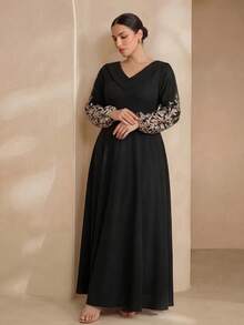 Graceveil Elegant Solid Color Patchwork Mesh Embroidered Off-Shoulder Long Sleeve Cinched Waist A-Line Plus Size Dress, Spring/Autumn Black - View 4