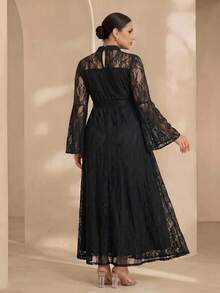 Graceveil Đầm dáng chữ A size lớn màu trơn thanh lịch, tay dài ren, eo chiết, phù hợp cho mùa xuân và mùa hè, màu đen - màu đen - Xem 2