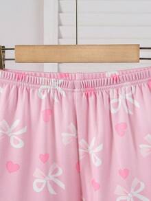 4pcs Girls Elastic Knit Short Sleeve Shorts Pajama Set With Bow & Heart Decor, Comfortable & Soft, Best Gift For Teenage Girls - Dusty Pink - View 4
