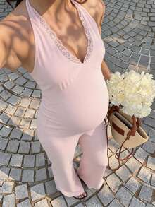 SHEIN 孕婦優雅腮紅粉蕾絲掛脖露背連身褲，正式孕婦夏季度假海灘穿搭，休閒日常運動 - 粉色 - 查看 1