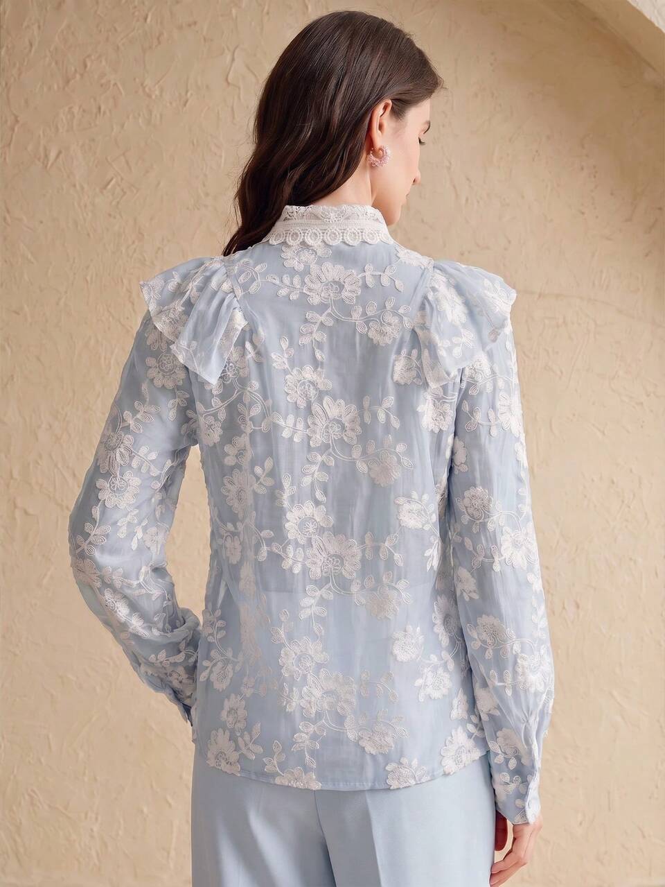 Anewsta Spring/Summer New Arrival Light Pink Floral Embroidered Fabric Hollow-Out Jacquard Collar Rhinestone Decor Ruffled Hem Long Sleeve Blouse For Women