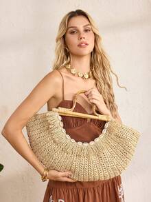 MOTF BOLSO DE MANO TIPO TOTE PARA MUJER, ELEGANTE BOLSO DE MODA CON FORMA DE ABANICO PARA VACACIONES - Beis - Ver 9