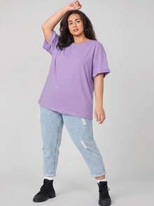 SHEIN BASICS 大码女式纯色圆领短袖休闲宽松T恤 - 紫色 - 查看 5