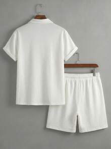 Manfinity Homme Men's Casual Solid Color Shirt & Drawstring Shorts Set - White - View 2