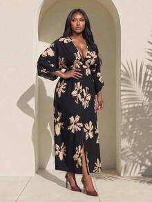 Enliva Vestido de talla grande para mujer con estampado floral negro, escote en V profundo y abertura lateral, vestido de vacaciones tropicales y resort, elegante para graduación en otoño, primavera y verano, para silueta de pera y triángulo - Negro - Ver 7