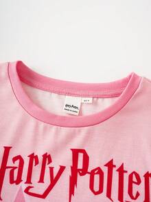 HARRY POTTER X SHEIN 2pcs/Set Cute Style Tween Girl T-Shirt Set, Round Neck Short Sleeve Fitted Comfortable Top Paired With Double-Layer Skirt, Collaboration T-Shirt Set - Pink - View 3