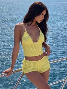 Swim Vcay 春夏 Y2K 熱帶性感復古奶油黃波浪 3D 提花面料 度假海灘派對女款細肩帶比基尼背心 - 彩色 - 查看 4
