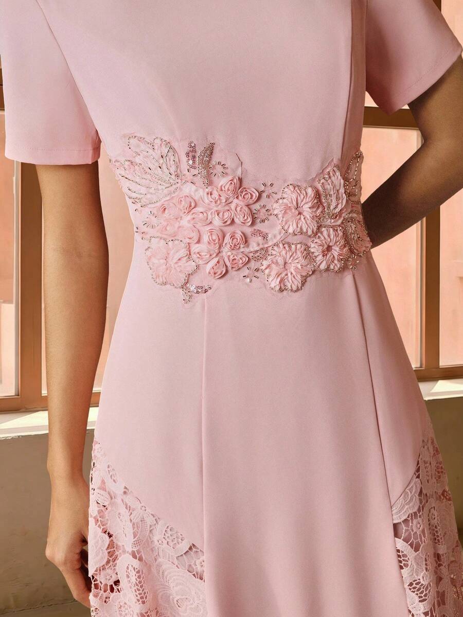Anewsta Women's Elegant Modern Minimalist Round Neck Water-Soluble Lace Patchwork Waist Ruffle Trim Pink Short Sleeve Dress, Spring/Summer - Pink - View 1
