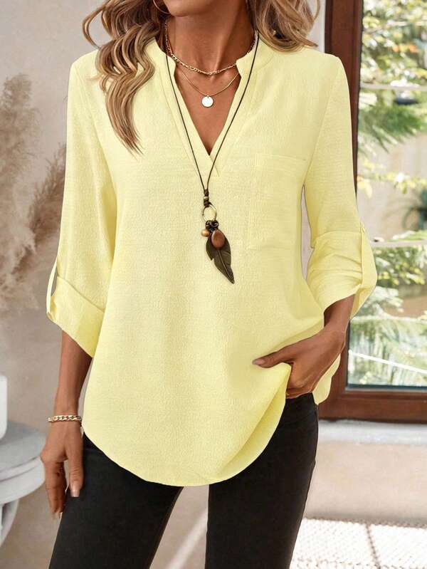 EMERY ROSE Women's Spring/Autumn All-Over Print Notch Neck 3/4 Sleeve Work Brunch Shirt Pale Yellow Casual