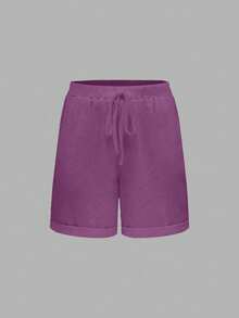 SHEIN EMERY ROSE CURVE Plus Size Washed Cotton Cinched Waist Backpocket Button Decor Short Casual Top - Purple - View 6