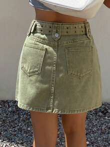 Livesso High Waist Khaki Solid Color Button A-Line Full Skirt Women's Denim Skirt - Green - View 2