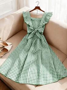 GlowEve Damen Kleid mit Glockenärmeln, rotem und weißem Karomuster, Schleifendetail am Rücken, A-Linie Taille schmeichelndes, elegantes Alltagskleid für Urlaub, Picknick, Party, Pendeln, Mode-Date, französischer Straßenstil, Retro, vielseitig, Frühling Sommer, Midi-Länge - Verschiedenfarbig - Übersicht 2