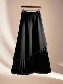 SHEIN Clasi Plus Size Women Asymmetrical Patchwork Pleated Skirt Fall - Black - View 2