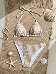 Swim Mod Women's Rainbow Striped Halter Neck Bikini Swimwear Set For Summer Beach Vacation - Multicolor - View 3