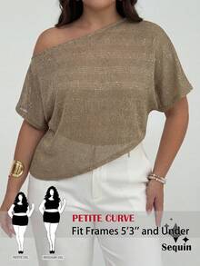 SHEIN PETITE CURVE 大码卡其色不对称露肩上衣，适合婚礼宾客、新娘、新娘母亲、婚礼派对、正式场合、特殊活动、海滩度假等场合，街头亮片露肩上衣，优雅、时尚、端庄 - 卡其色 - 查看 4
