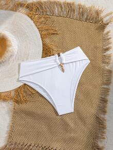 Oceva Women's Summer Vacation Beach Ruched Metal Decor Triangle Bikini Bottom - White - View 5