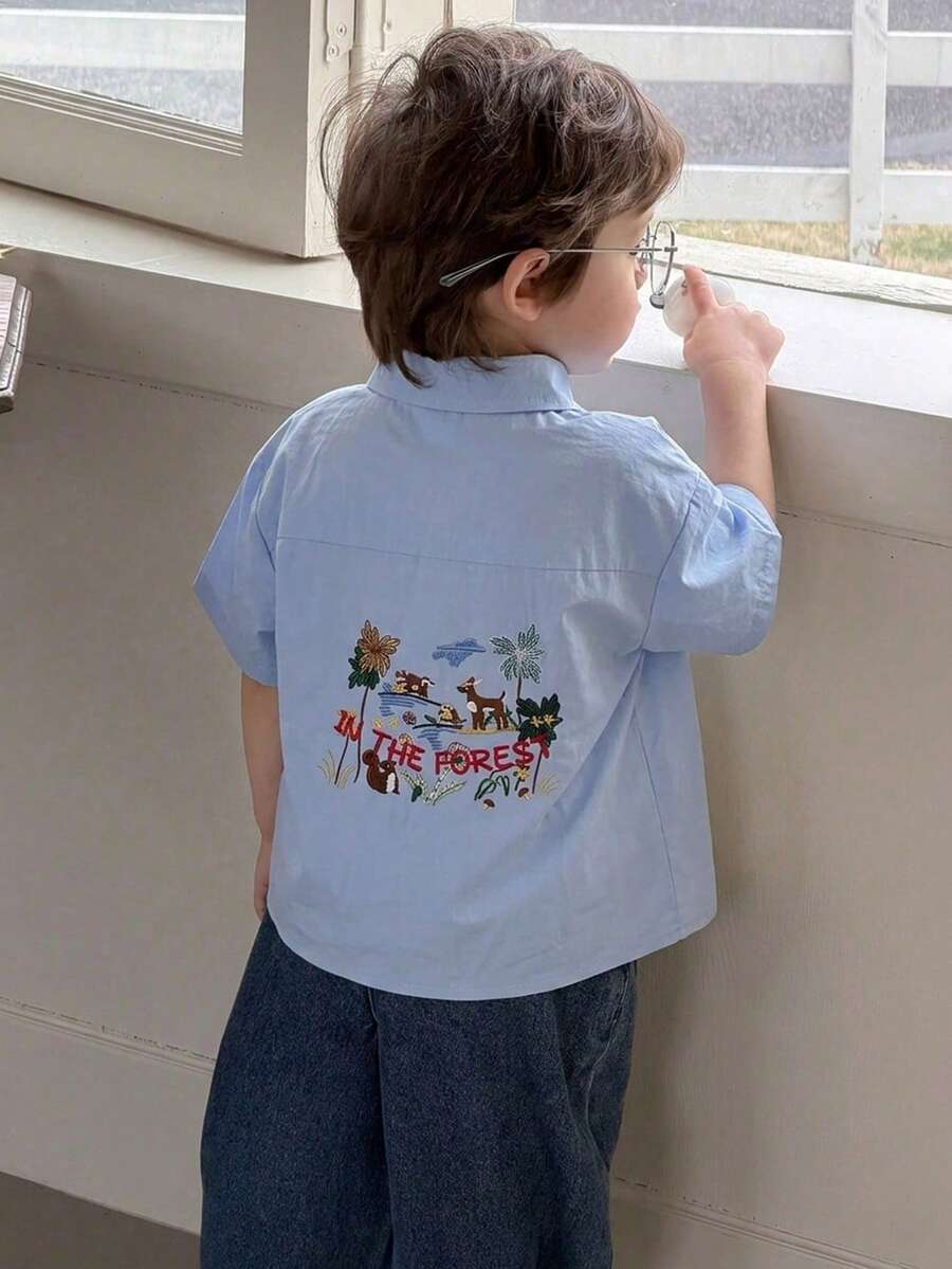 Dazy Kids 男嬰休閒 Polo 領純色刺繡上衣 夏季幼兒款 - 藍色 - 查看 1